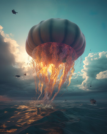 A giant jellyfish floating in the clouds, changing colors in a mesmerizing displayの素材