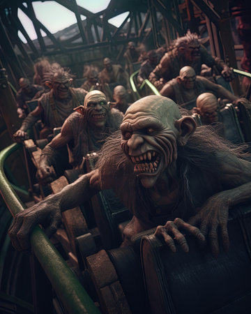 A group of goblins riding a rollercoaster in a haunted amusement parkの素材