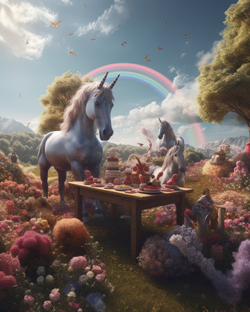 A group of unicorns having a picnic on a rainbow, with cotton candy clouds as the tableの素材
