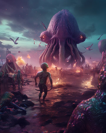 A group of aliens having a beach party on a distant planet, with glowing tide pools as the dance floorの素材