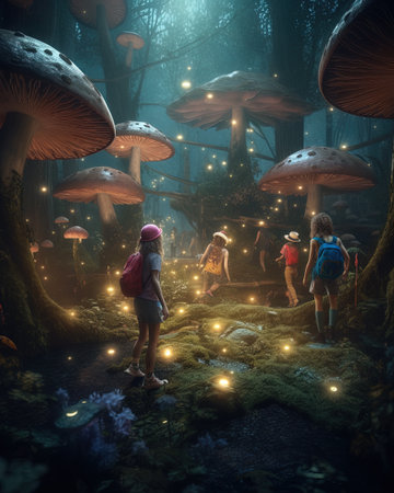 Children exploring the mushrooms in a fantasy forest.の素材