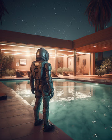 Astronaut standing by the swimming pool at night. 3d rendering.の素材