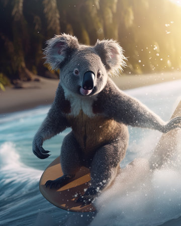 A koala as a surfer, catching waves at the beachの素材