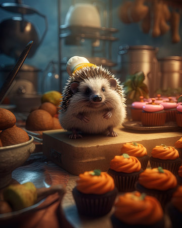 Hedgehog on a cake with a cupcake in the backgroundの素材