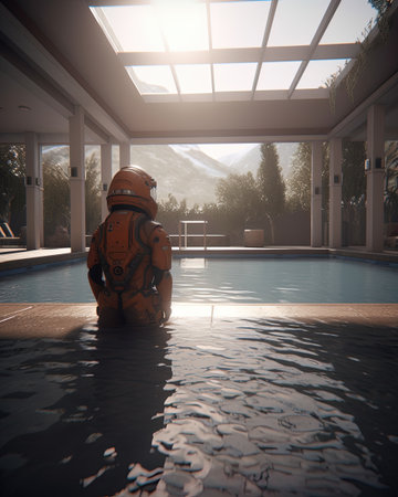 Astronaut in a swimming pool at sunset. A Martian as a lifeguard, watching over a swimming pool on Mars.の素材