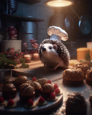 Hedgehog in a chef's hat stands on a table with cakes.の素材
