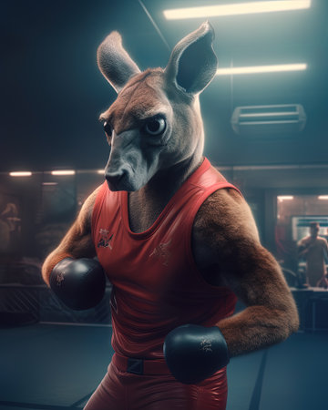 A kangaroo as a boxer, training in a boxing gymの素材