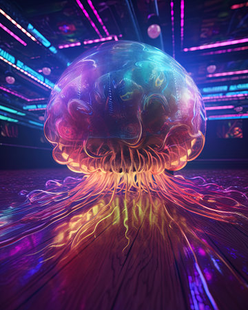 3d illustration of abstract digital human brain with glowing lights on backgroundの素材