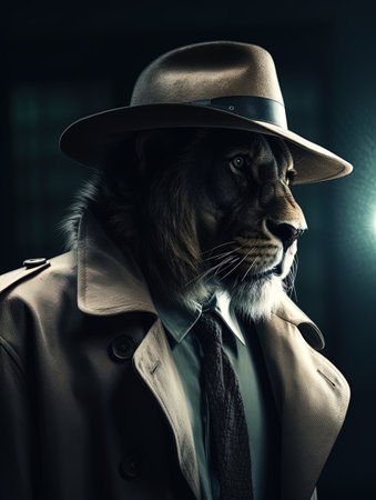 A lion working as a detective in a film noir wearing a hat and coat. fashion shot.の素材