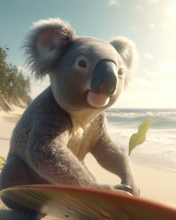 Cute koala with surfboard on the beach at sunset.の素材
