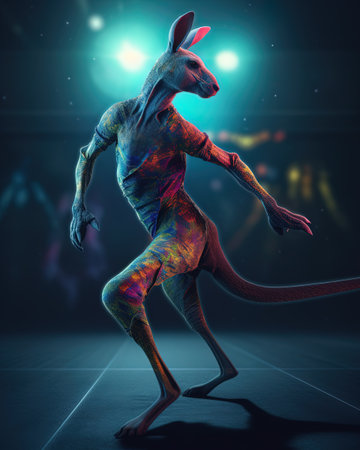 A kangaroo as a dancer, performing in a ballet in a raincoat on a dark background.の素材