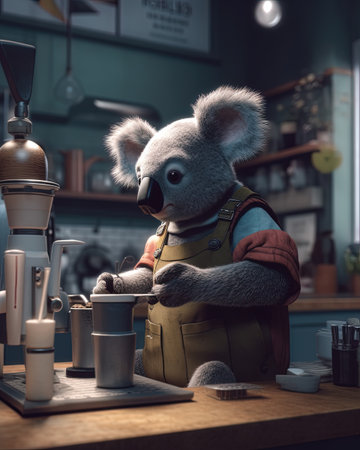 Coffee shop. Cute little koala in red apron with coffee potの素材