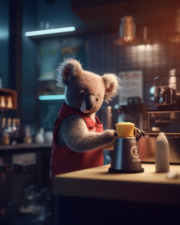 Coffee shop. Cute little koala in red apron with coffee potの素材