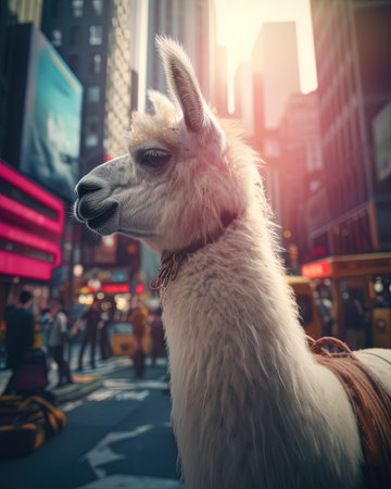 A llama as a tour guide, showing people around a cityの素材
