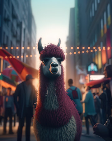 A llama as a tour guide, showing people around a cityの素材