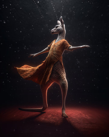 A kangaroo as a dancer, performing in a ballet in a raincoat on a dark background.の素材