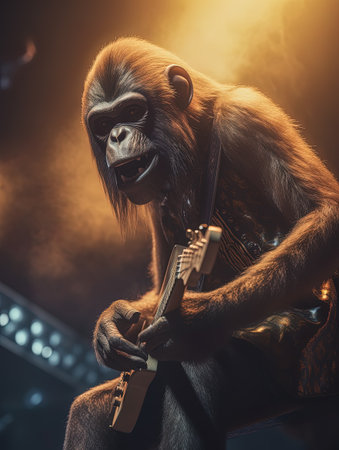 Chimpanzee monkey playing the electric guitar on stage at nightの素材
