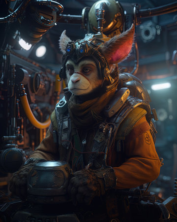 Portrait of a mystic animal as a mechanic, fixing spaceships in a hangar of the spaceship.の素材