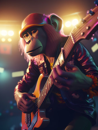 Portrait of a monkey playing electric guitar in nightclub.の素材