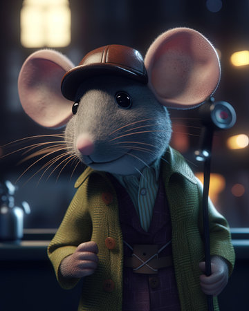 Cute little mouse as a detective, solving mysteries in a city, dressed in a hat and a green jacket on a dark background.の素材