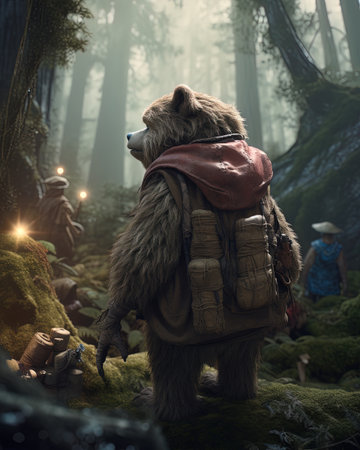 A bear with a backpack on his back stands in a dark forest.の素材