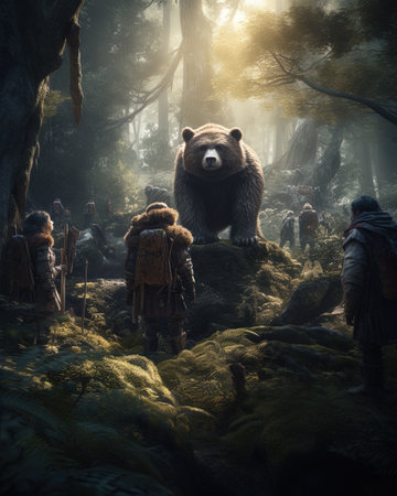 A group of tourists and a bear in the forestの素材
