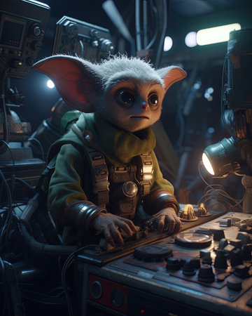 Portrait of a funny alien pilot in a spaceship.の素材