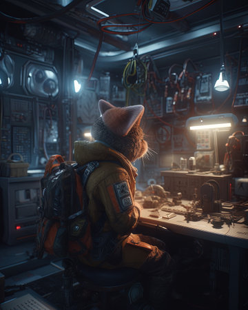 Portrait of a mystic animal as a mechanic, fixing spaceships in a hangar of the spaceship.の素材