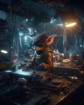 Fantasy scene with an alien as a mechanic, fixing spaceships in a hangarの素材