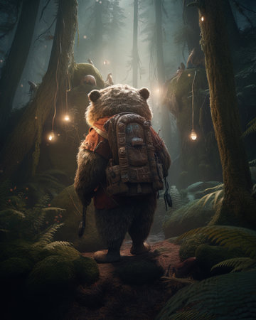 Hiking bear in the fantasy forest.の素材