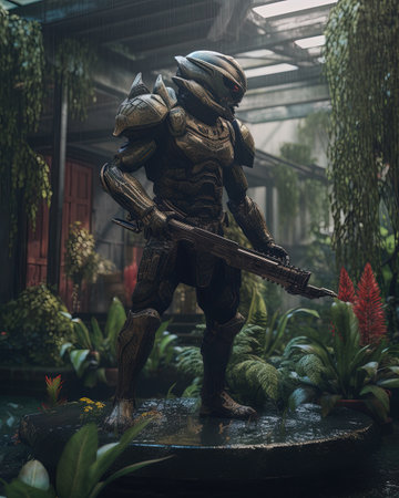 Warrior with a gun in the garden.の素材