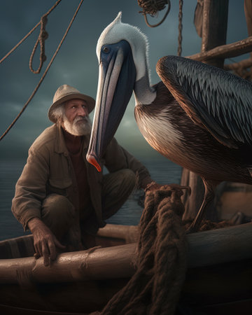 Old man fishing with his pelican on a boat at sunset.の素材