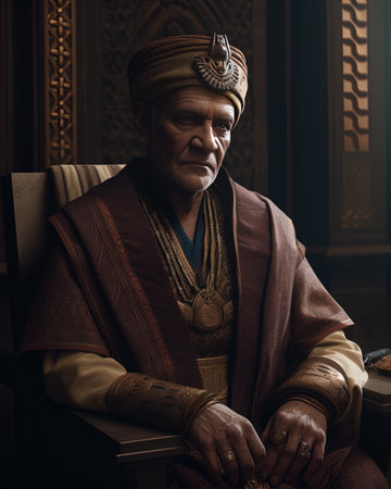 Portrait of an old man in a traditional costume sitting in a chair.の素材