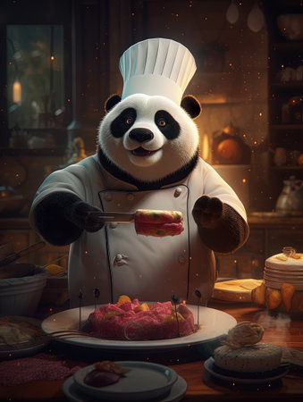 A panda chef is preparing a cake in the kitchen at night.の素材