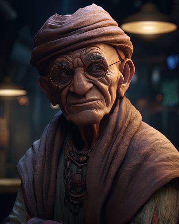 Portrait of an old man in glasses and a leather jacket as a merchant, running a successful interstellar business.の素材