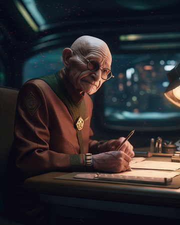 Portrait of an old man in glasses and a leather jacket as a merchant, running a successful interstellar business.の素材