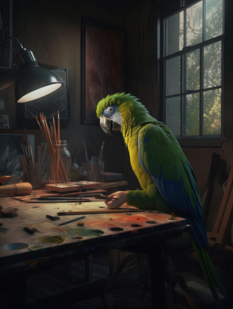 Beautiful green parrot sitting on a table in an art studioの素材