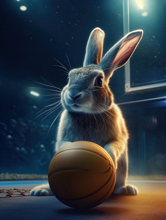 Rabbit with basketball ball on dark background. Easter holidays concept.の素材