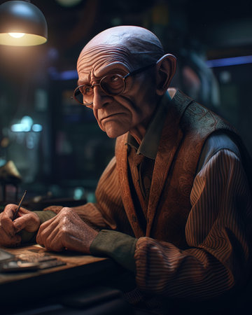 Portrait of an old man in glasses and a leather jacket as a merchant, running a successful interstellar business.の素材