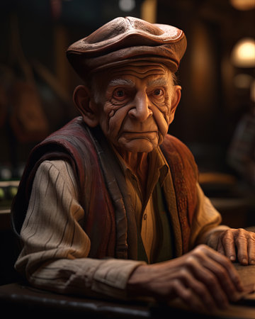Portrait of an old man in glasses and a leather jacket as a merchant, running a successful interstellar business.の素材