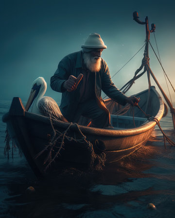 Fisherman with a beard and his pelican in on a boat in the foggy morningの素材