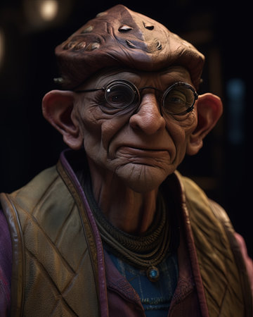 Portrait of an old man in glasses and a leather jacket as a merchant, running a successful interstellar business.の素材