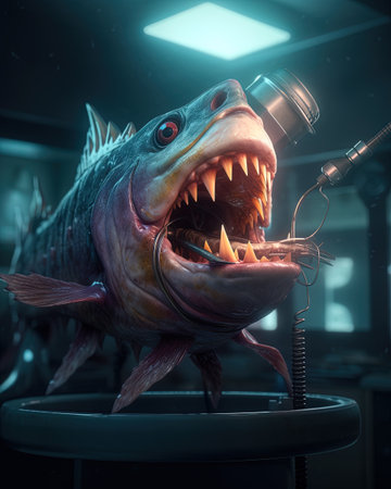 A piranha as a dentist, cleaning teeth in a dental clinic.の素材