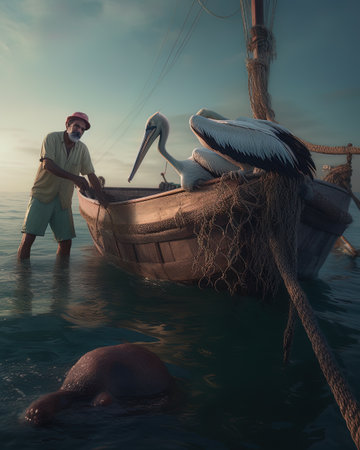 Pelican fisherman and his pelican in the sea at sunset AI-Generatedの素材