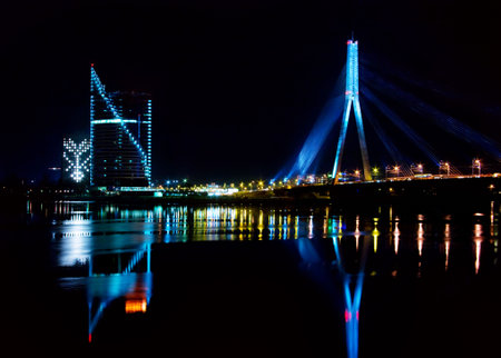 City (Riga) in the night on the feast Staro Rigaの写真素材