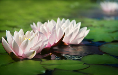 Pink lilies on a lakeの写真素材