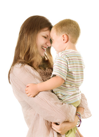 Woman with little boy isolated on whiteの写真素材