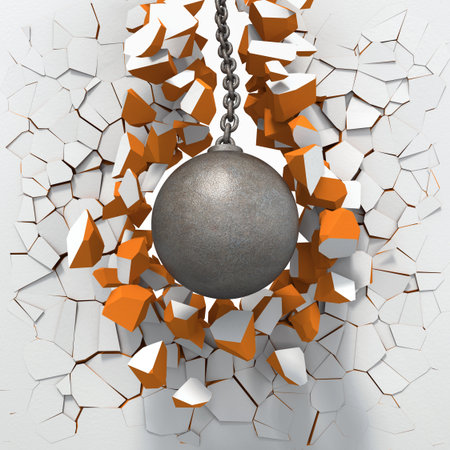 Wrecking ball destroying white brick wallの写真素材