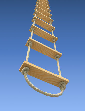 Wooden rope ladder on a gradient blue sky backgroundの写真素材
