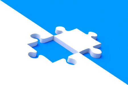 White jigsaw puzzle on blue backgroundの写真素材